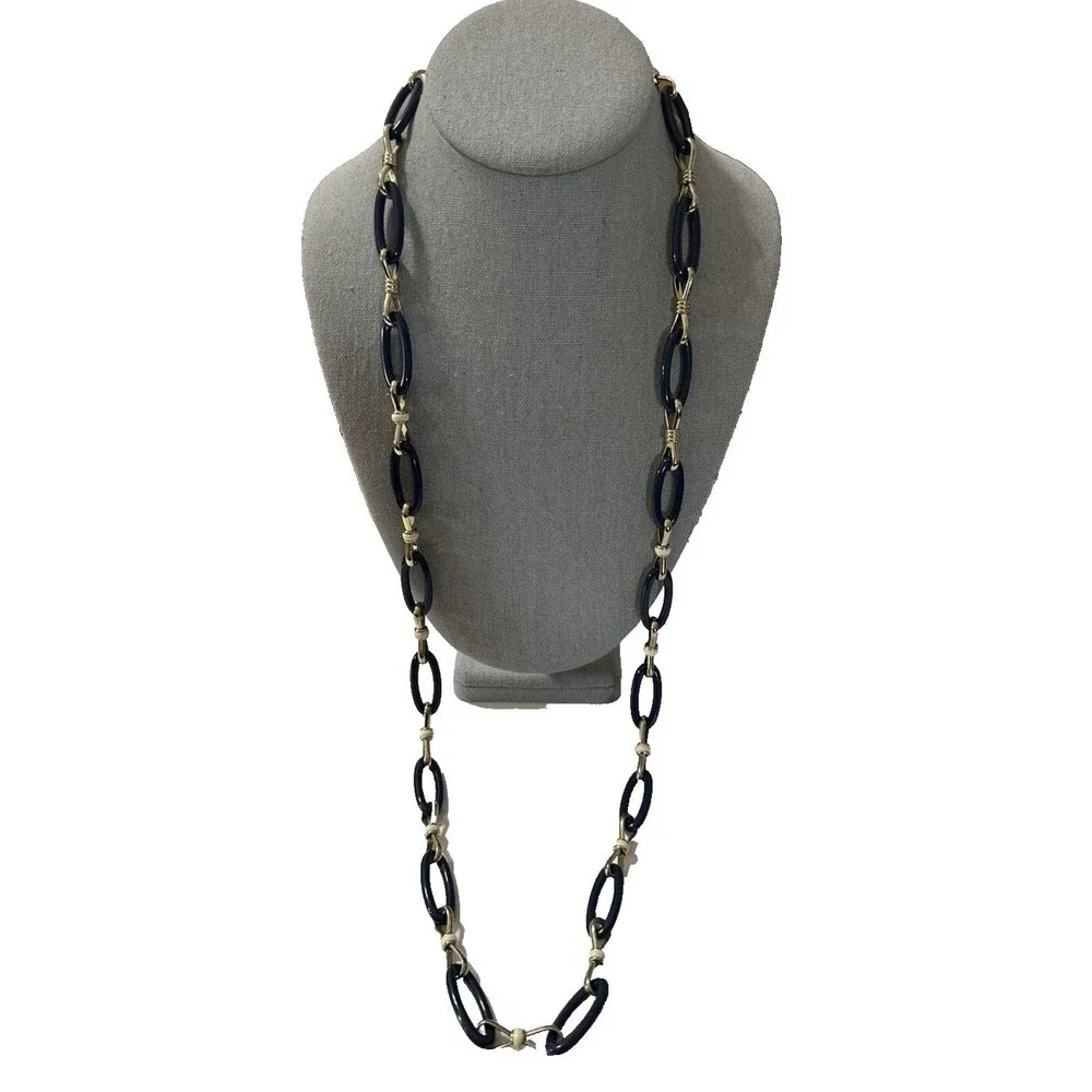 Talbots Statement Necklace Long Blue & Silver Tone Textured Links 36” Signed